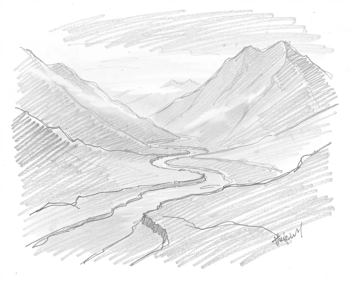 Sweeping landscape of a misty mountain valley bathed in the warm glow of sunrise, with a winding river cutting through the scene.