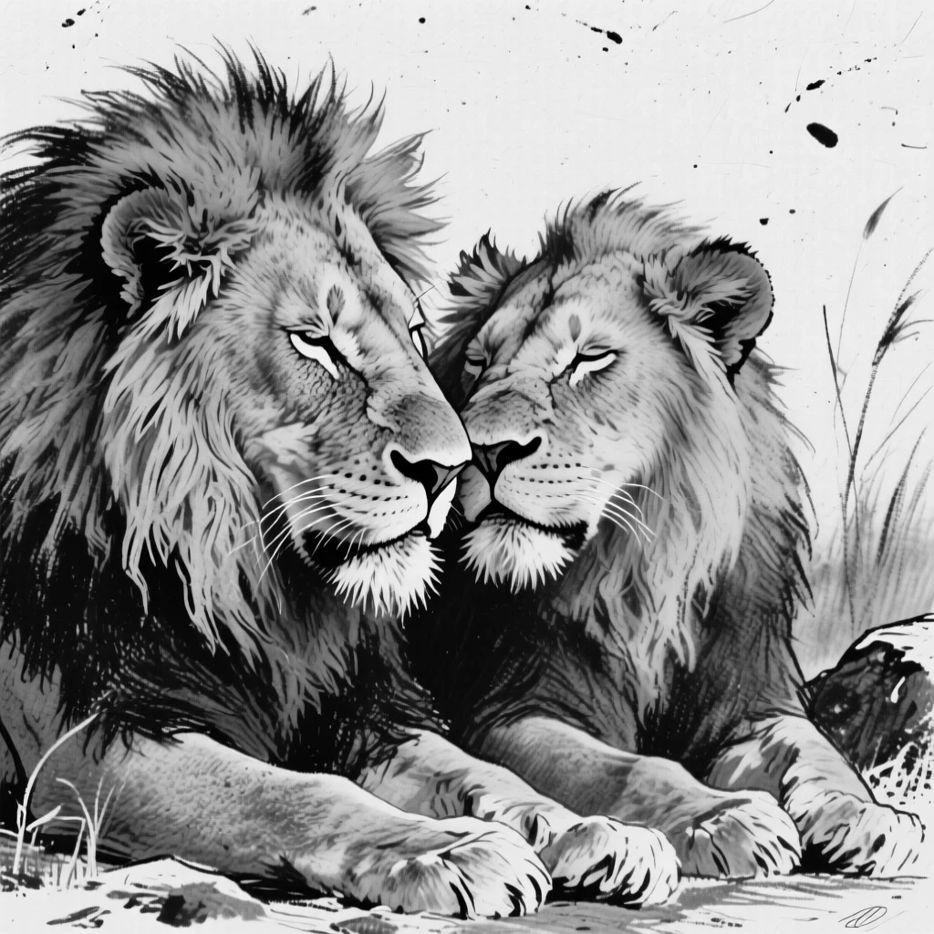 A majestic lion nuzzling affectionately with its mate.