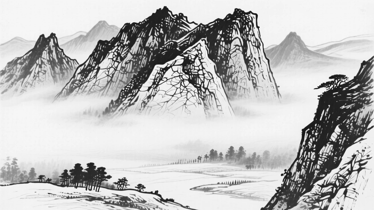 A dramatic mountain range rising above a valley blanketed in morning fog.