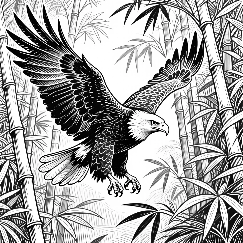 A soaring bald eagle within a dense bamboo grove, eyes alert and watchful, capturing a tender and protective moment in nature with a strong, centered focal point.