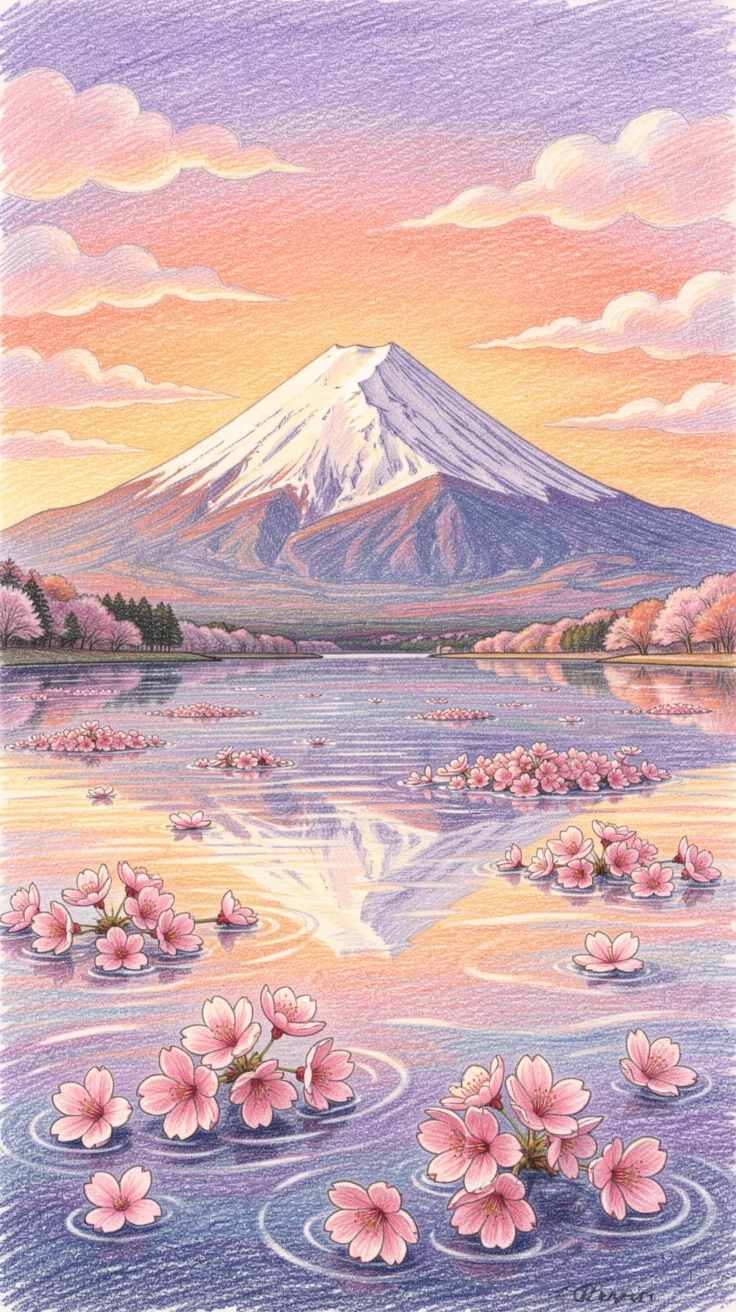 Mount Fuji rising above a lake dotted with pink cherry blossoms, with soft clouds drifting across a colorful sky, designed to inspire dreams of travel and adventure.