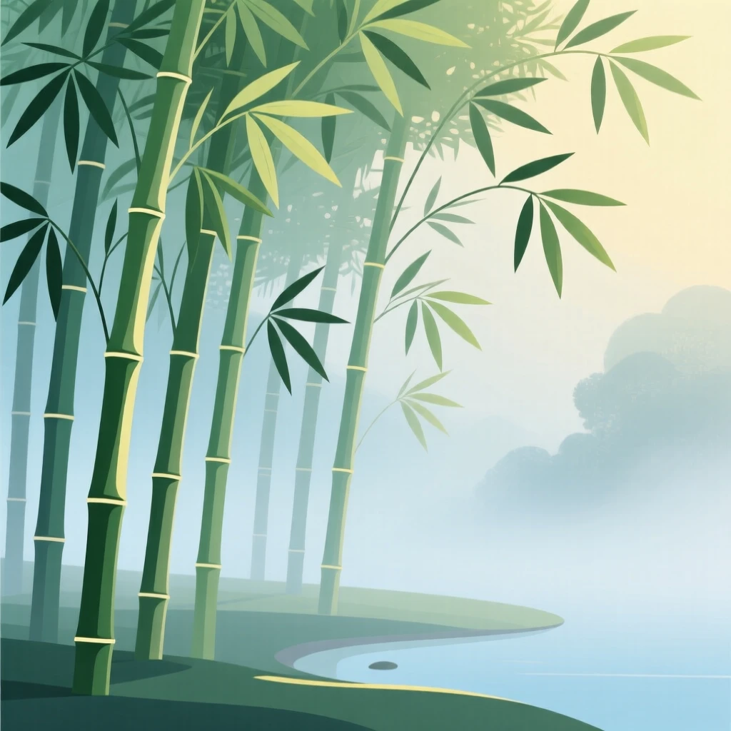 A peaceful bamboo grove swaying gently in the breeze, surrounded by a gentle layer of morning mist, captured with a gentle curve guiding the eye through the scene, with a fresh, crisp clarity that highlights every detail.