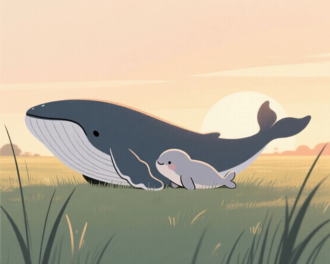 A humpback whale and its young settling in as the light fades together in a sunlit meadow, expressing calm contentment.