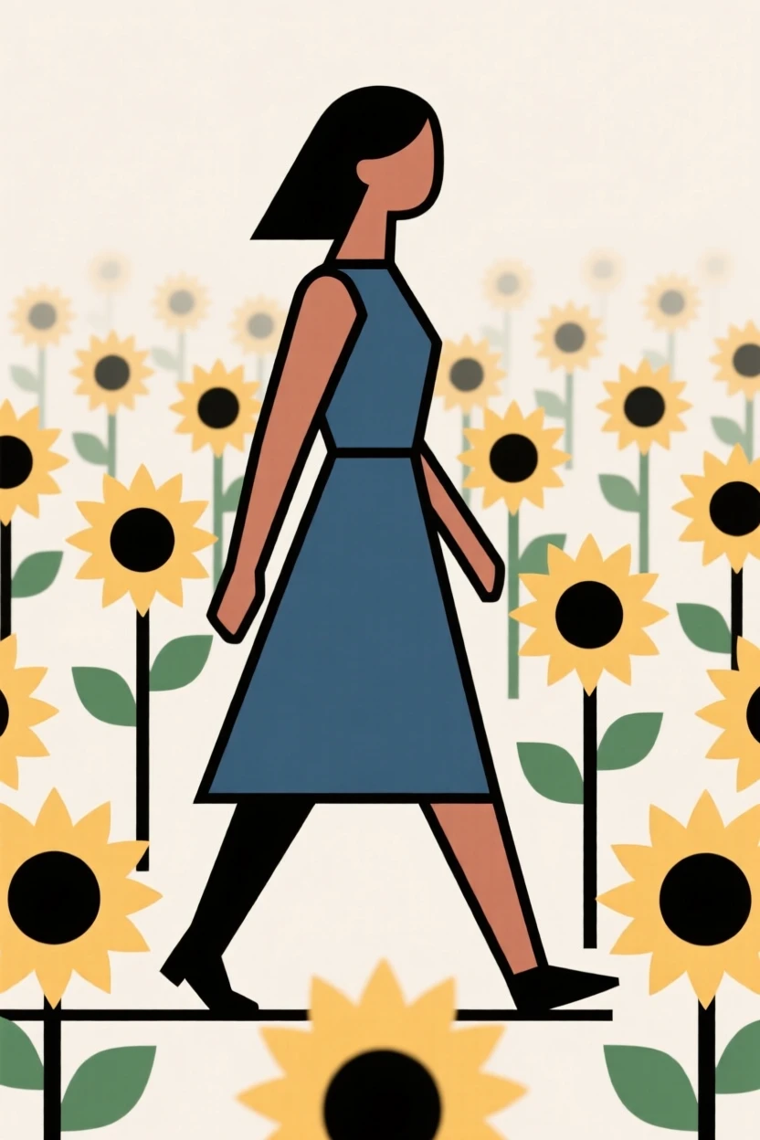A woman walking through a sunflower field