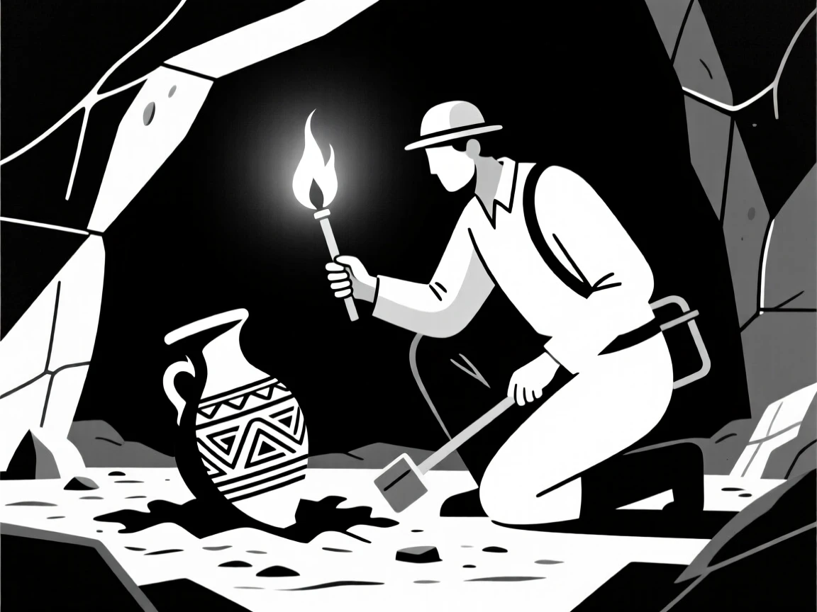 An archaeologist uncovering an ancient artifact by torchlight.