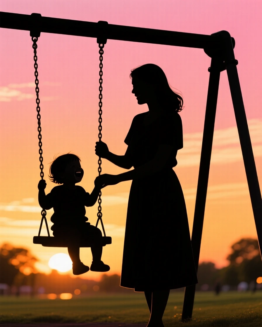 A mother pushing her laughing toddler on a park swing set at golden hour.