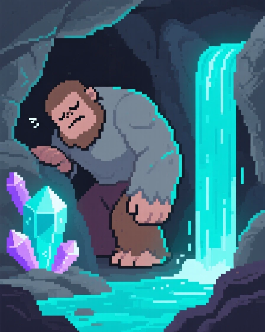 A sleepy mountain giant exploring a cave lit with glowing crystals, beside a waterfall that glows at night.
