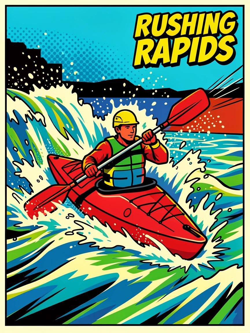 A kayaker navigating rushing whitewater rapids