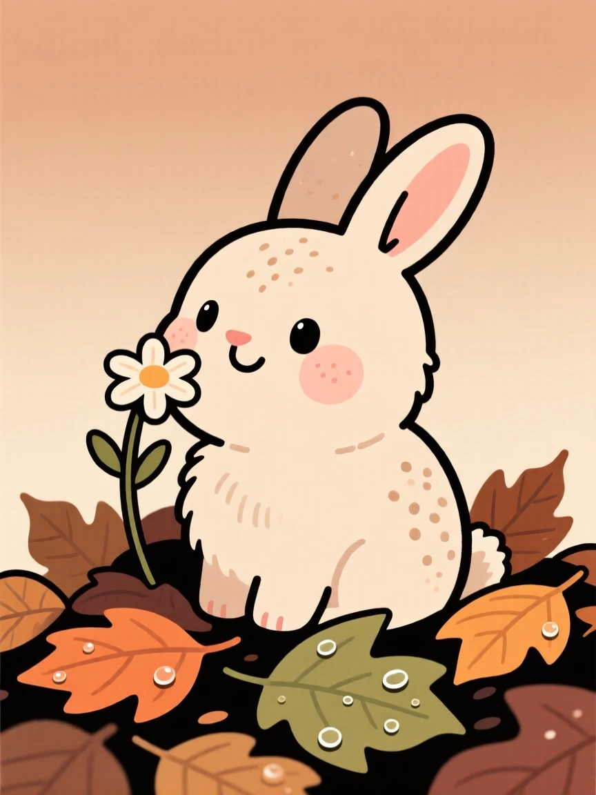 A round bunny sniffing a wildflower in a pile of autumn leaves, pausing to look up with curious, gentle eyes as dew glistens on the leaves.