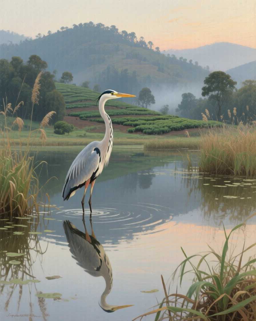 A well-framed scene of a heron standing motionless in a still, reflective marsh, in the 1940s, in an Indian hill station.
