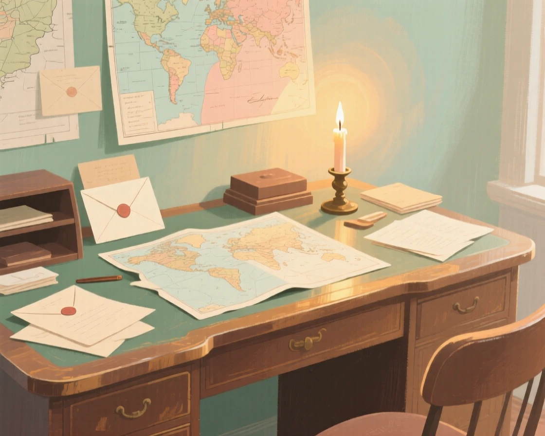 An antique writing desk cluttered with maps, letters, and a candle