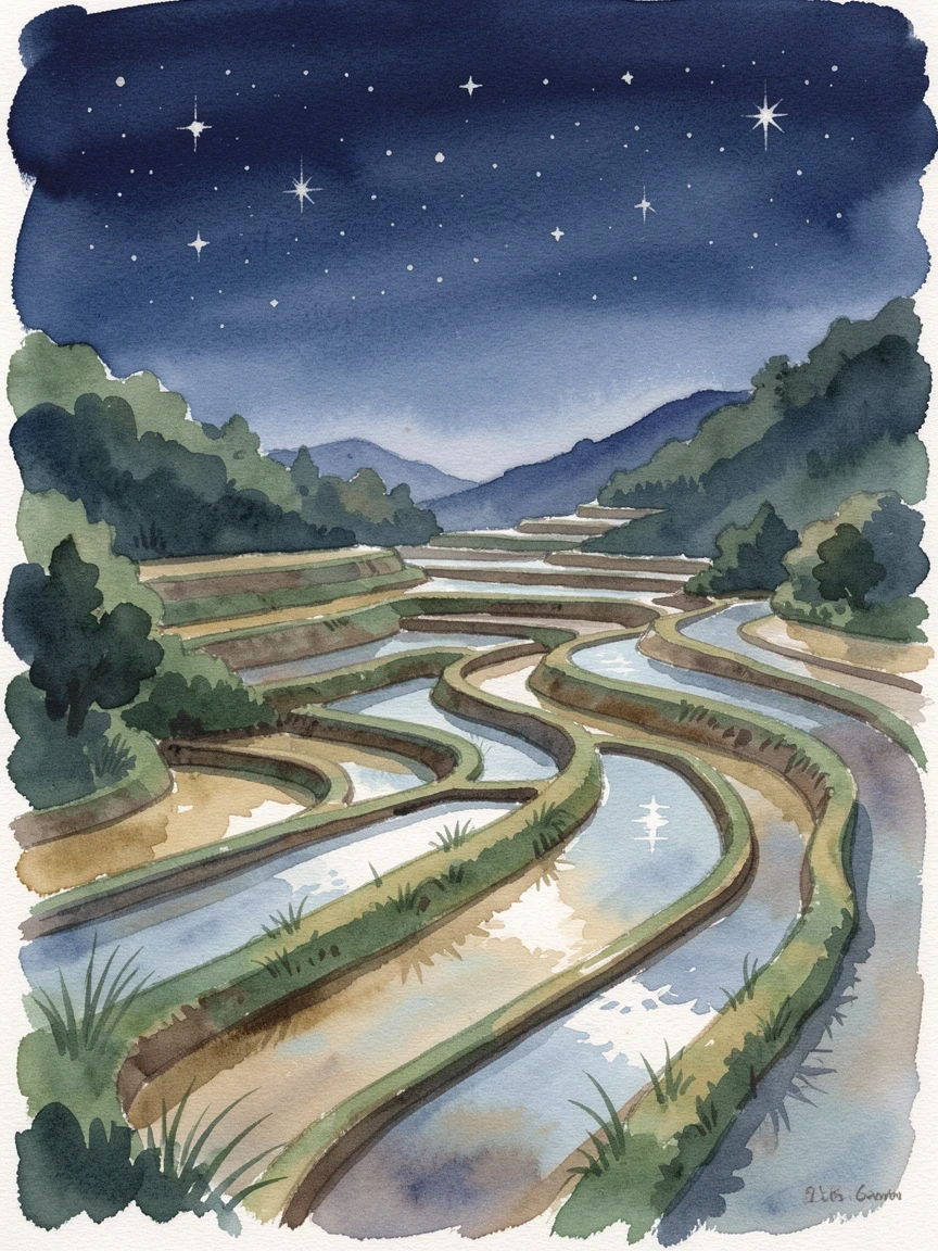 Terraced rice paddies cascading down a hillside under a starlit sky.