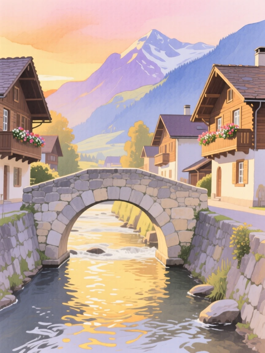 A picturesque view of a Swiss alpine village with a stone bridge arching over a canal, at golden hour