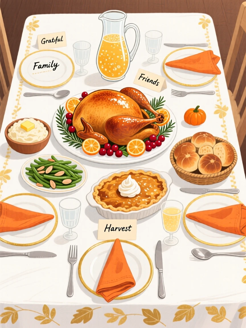 A table set for Thanksgiving dinner with a roasted turkey, filled with seasonal charm.