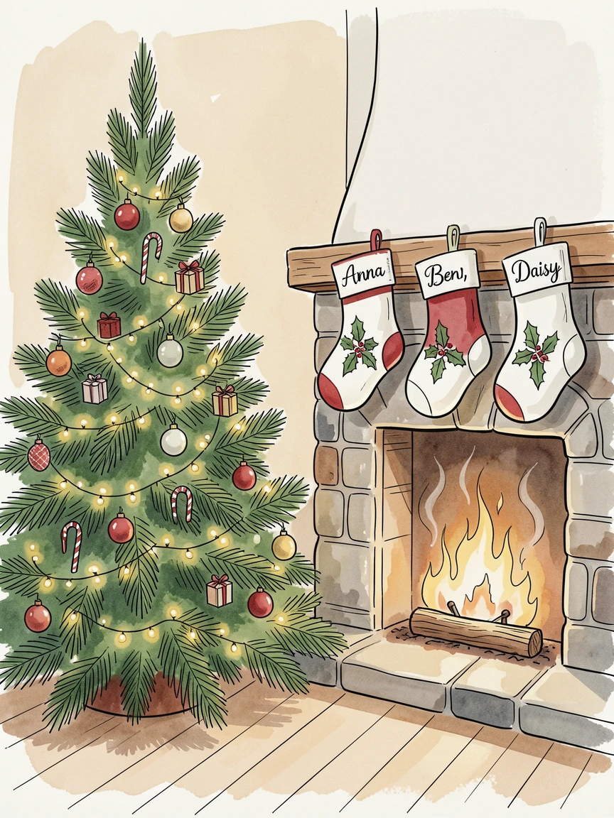 A cozy living room decorated for Christmas, a tree glowing with lights beside stockings hung on the mantel
