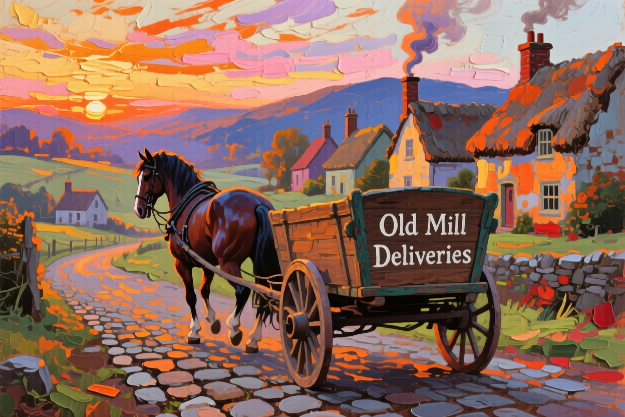 a horse-drawn cart approaching a village, at sunrise, with a clear foreground, subject, and distant setting.