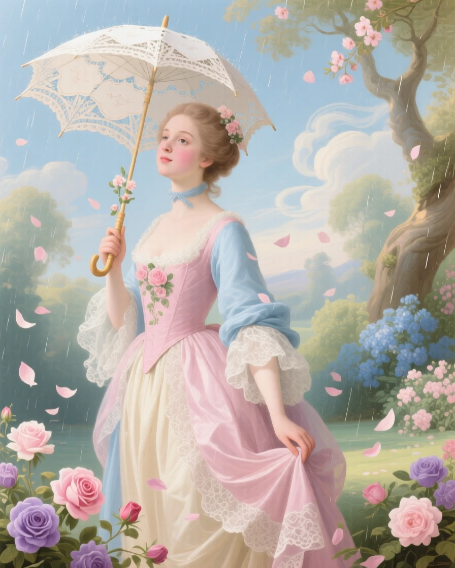 A young woman holding an umbrella beneath a rain of flower petals  