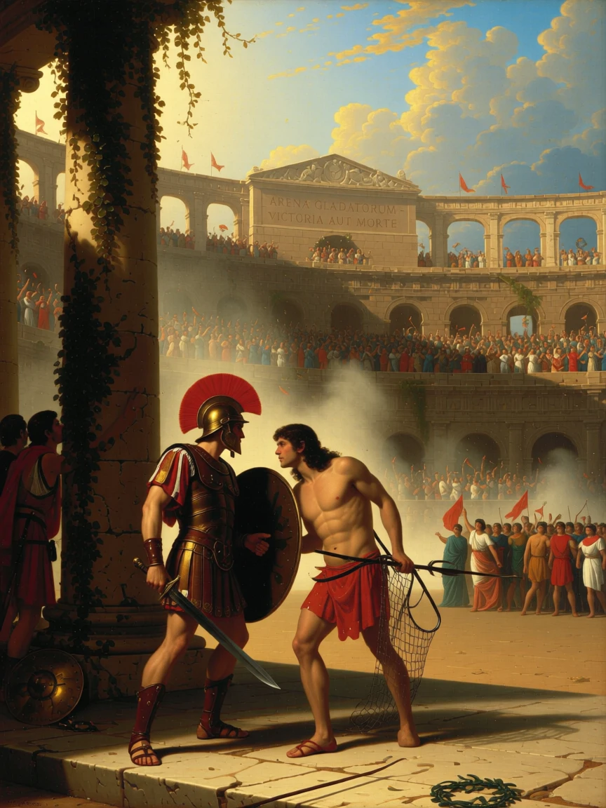 Gladiators face each other in a roaring ancient arena.