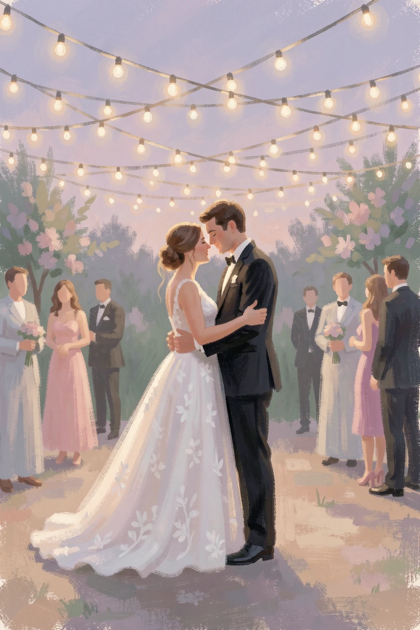 A bride and groom sharing a quiet moment beneath a canopy of string lights at their reception.