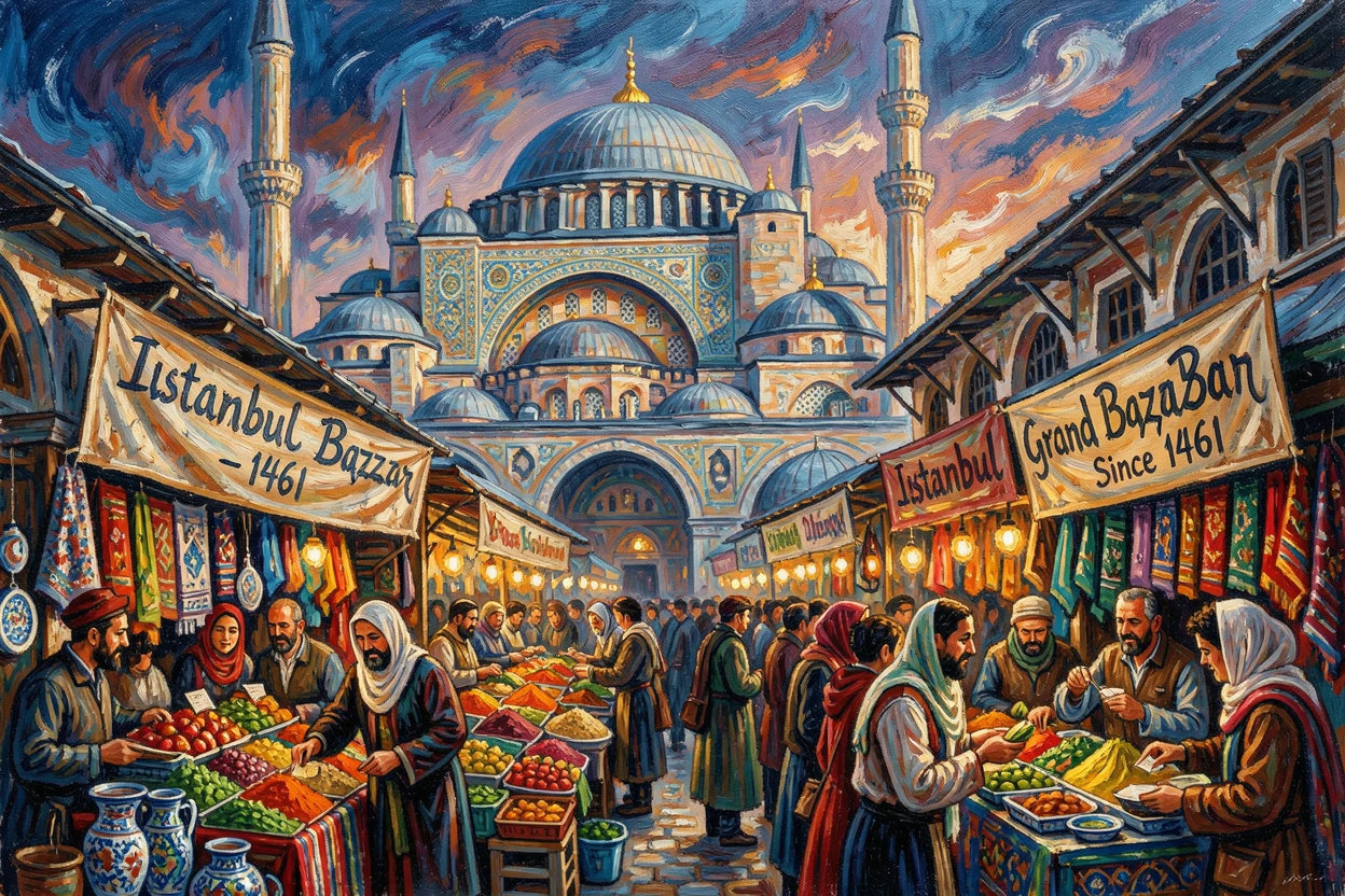 A busy street market in Istanbul beneath the domes and minarets of a historic mosque.