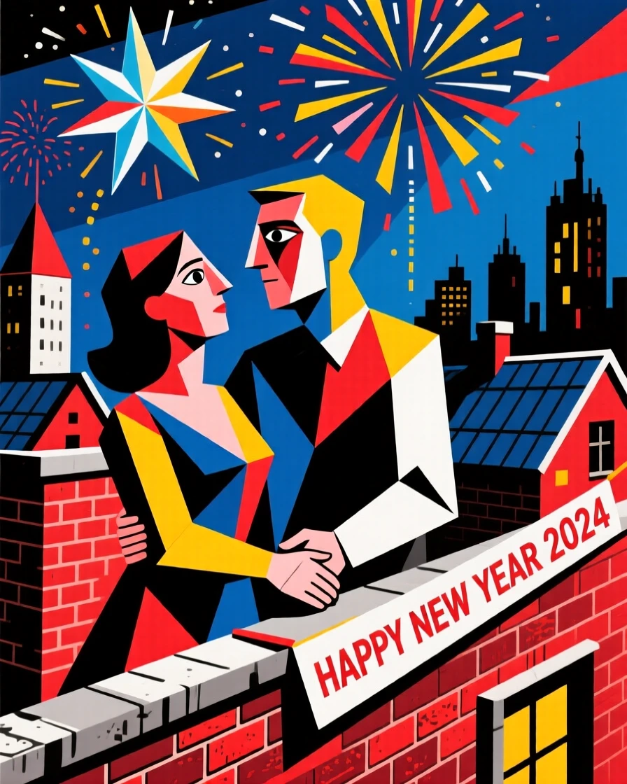 A couple watching fireworks together from a rooftop on New Year's Eve.
