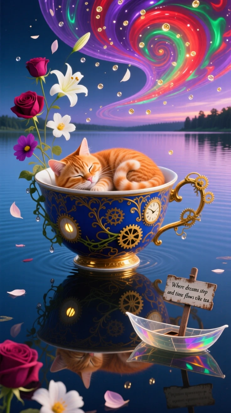 A cat curled asleep inside a floating teacup wanders along the edge of a mirror-smooth lake, as flower petals fall gently from a clear sky.