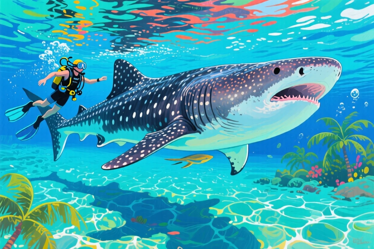 A diver hovering beside a massive whale shark gliding through crystal-clear tropical water