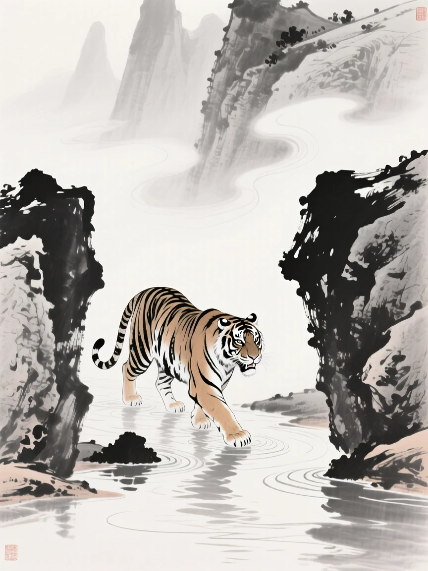 A tiger crosses a shallow stream between two boulders, as mist curls low around the surrounding cliffs.