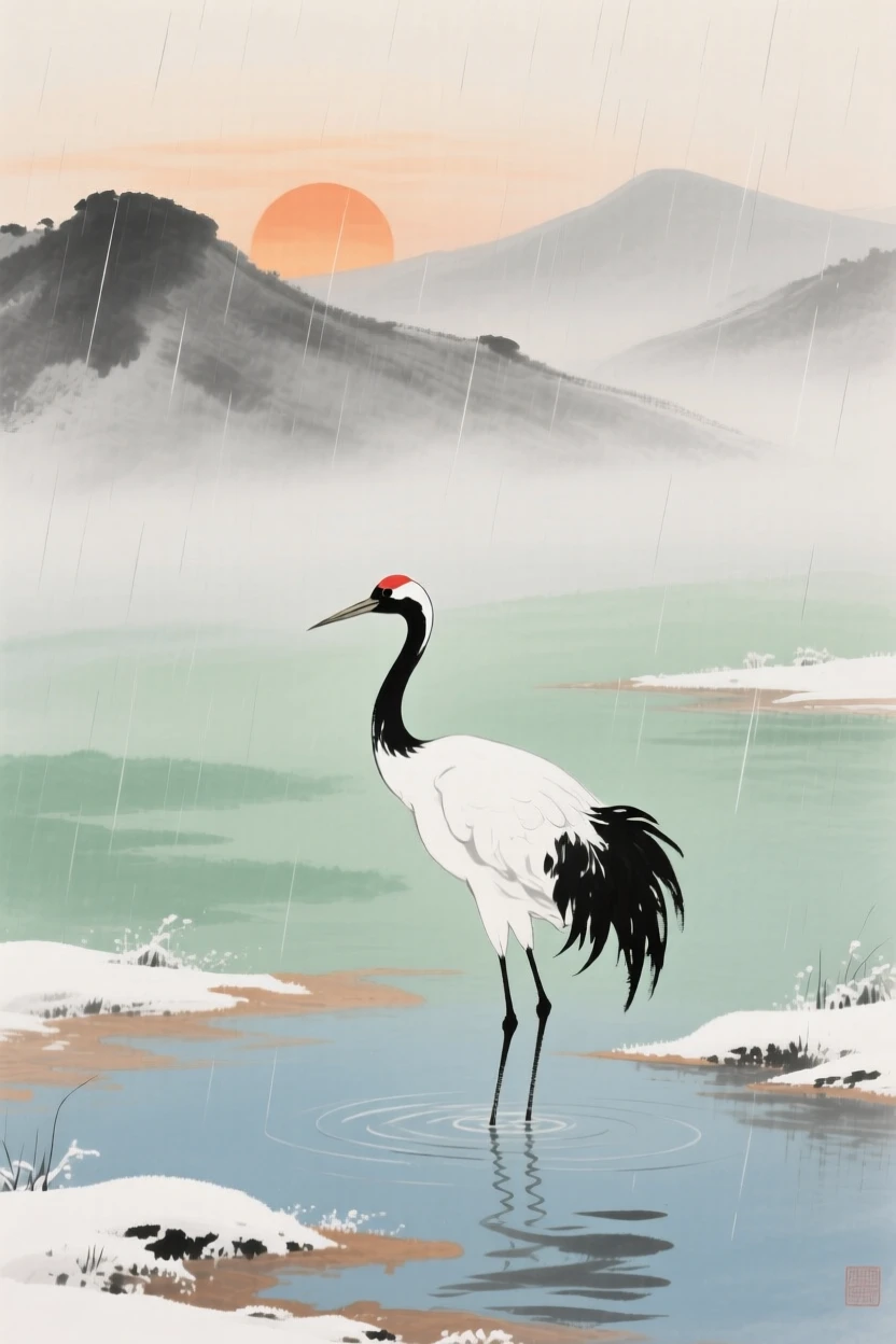A lone crane standing in shallow water as the sun sets behind the hills, through a curtain of fine rain, brimming with peaceful contentment, as winter frost settles.