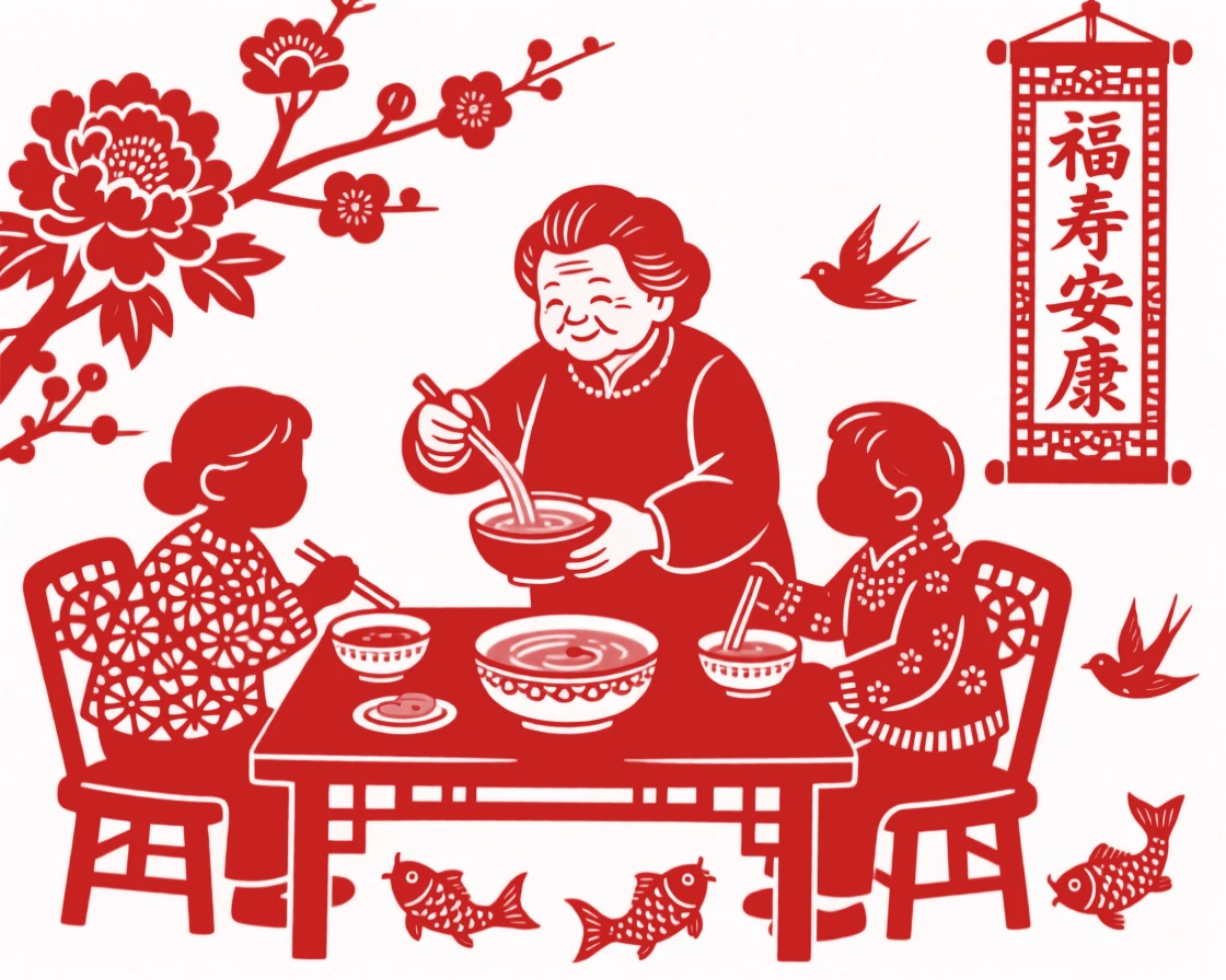 Three generations gathered around a kitchen table sharing a warm meal, grandmother ladling soup into each bowl