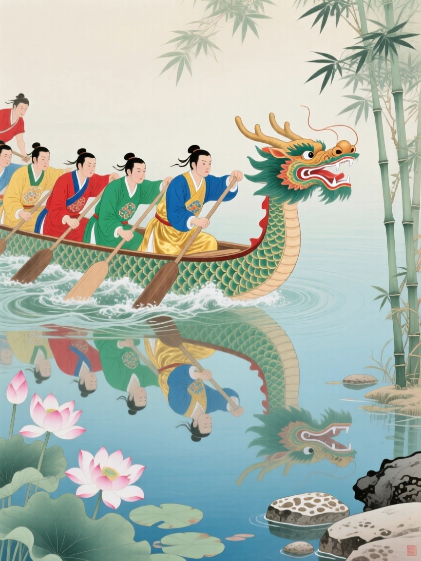 A dragon boat race with rowers in bright costumes cutting through the water, reflected in the still water of a nearby pond