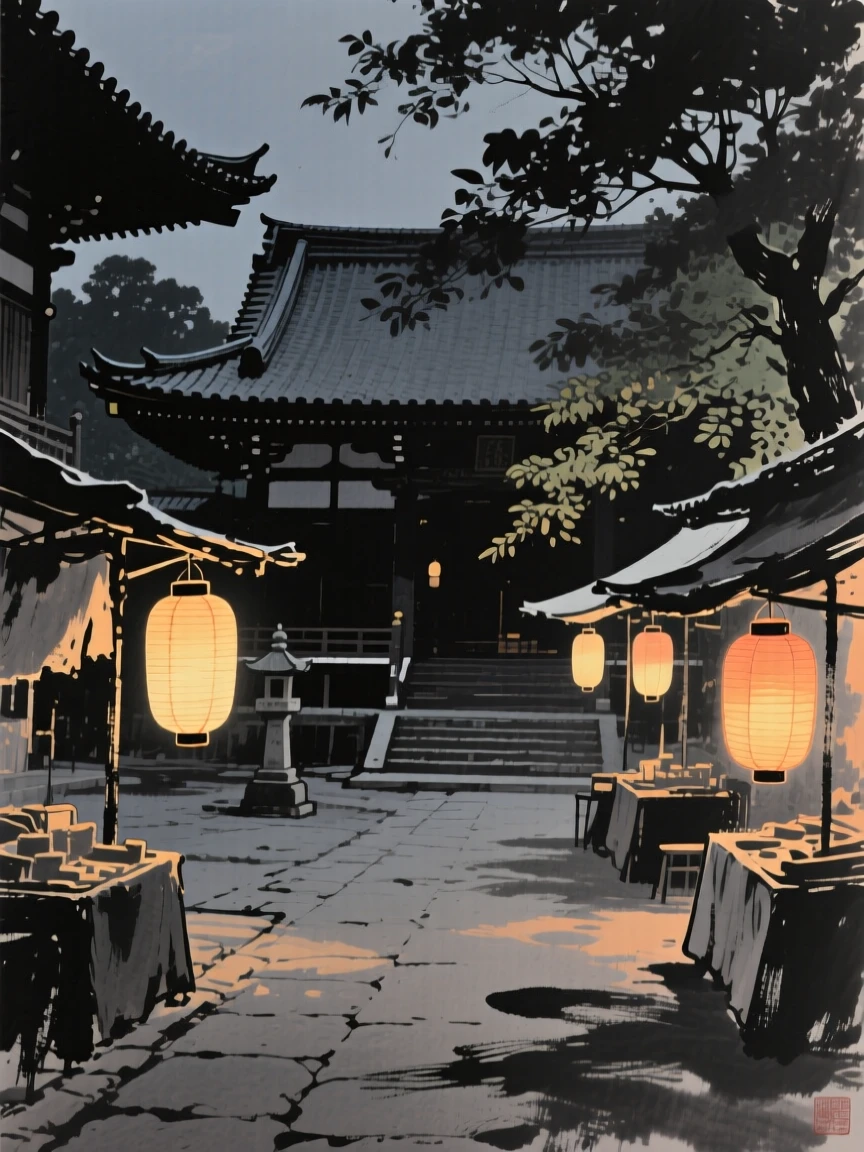 A midsummer evening market lit by paper lanterns within a quiet temple courtyard, composed with warm lantern light glowing against a cool evening, capturing the quiet magic of a changing season.