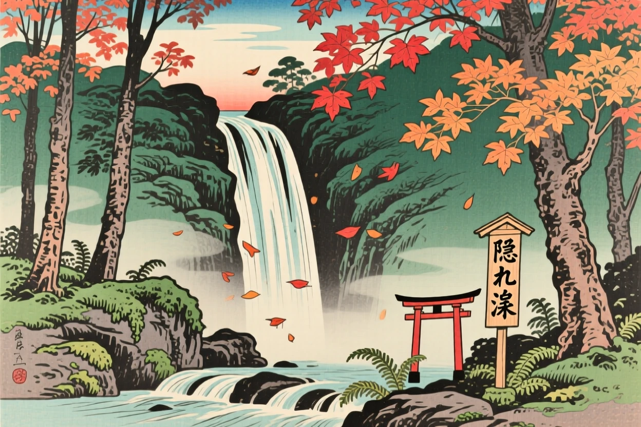 A hidden forest waterfall, surrounded by drifting autumn leaves.