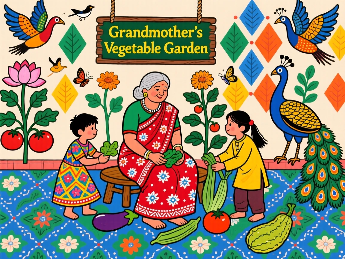 Children helping their grandmother pick vegetables in a courtyard garden.