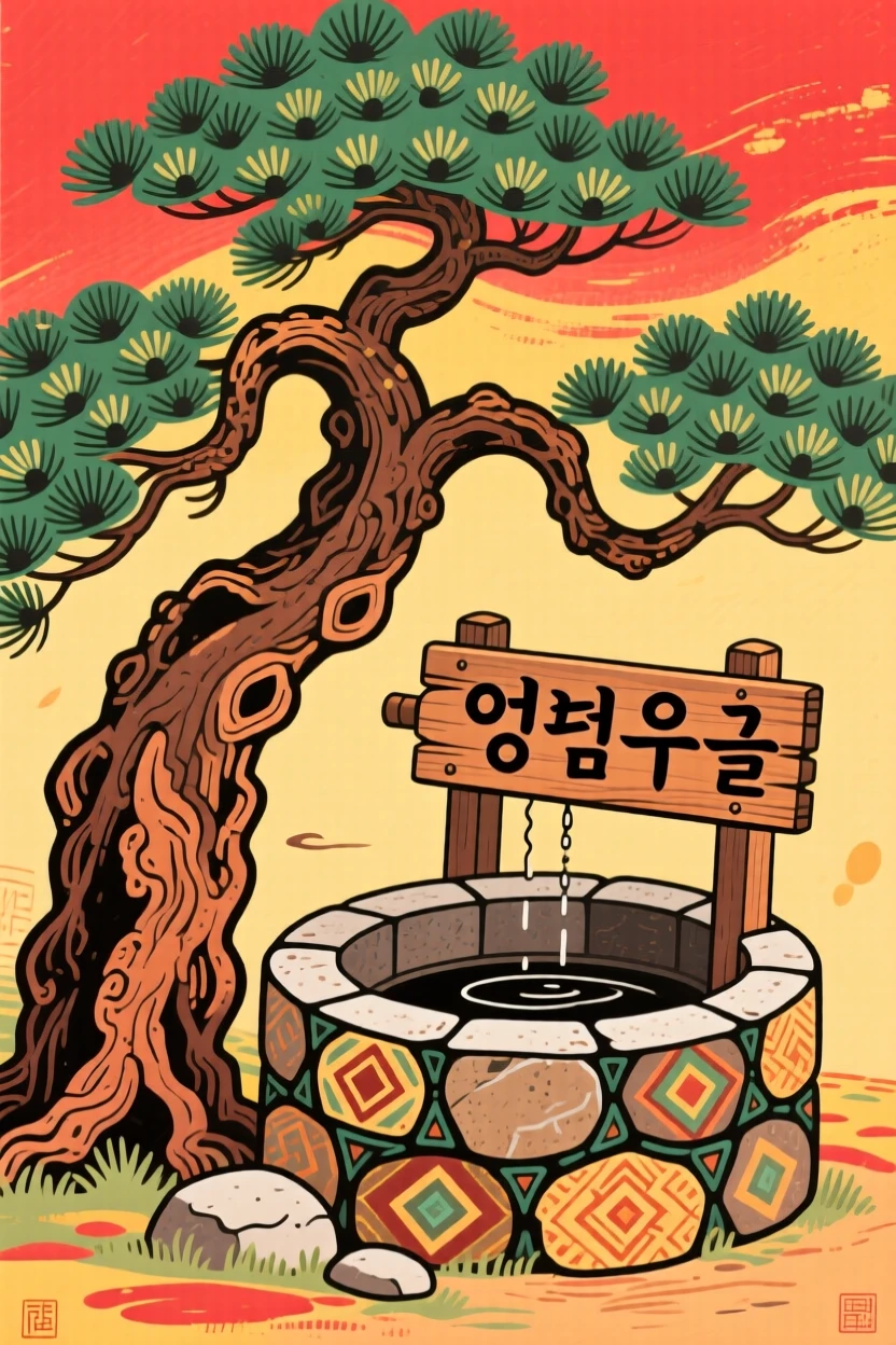 An ancient gnarled pine tree beside an old well.