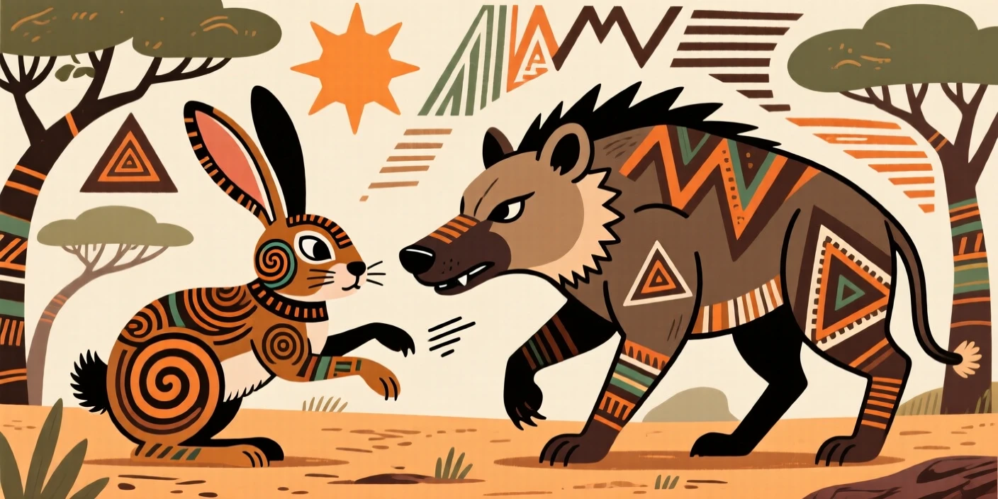 A legendary trickster hare outwitting a lumbering hyena.