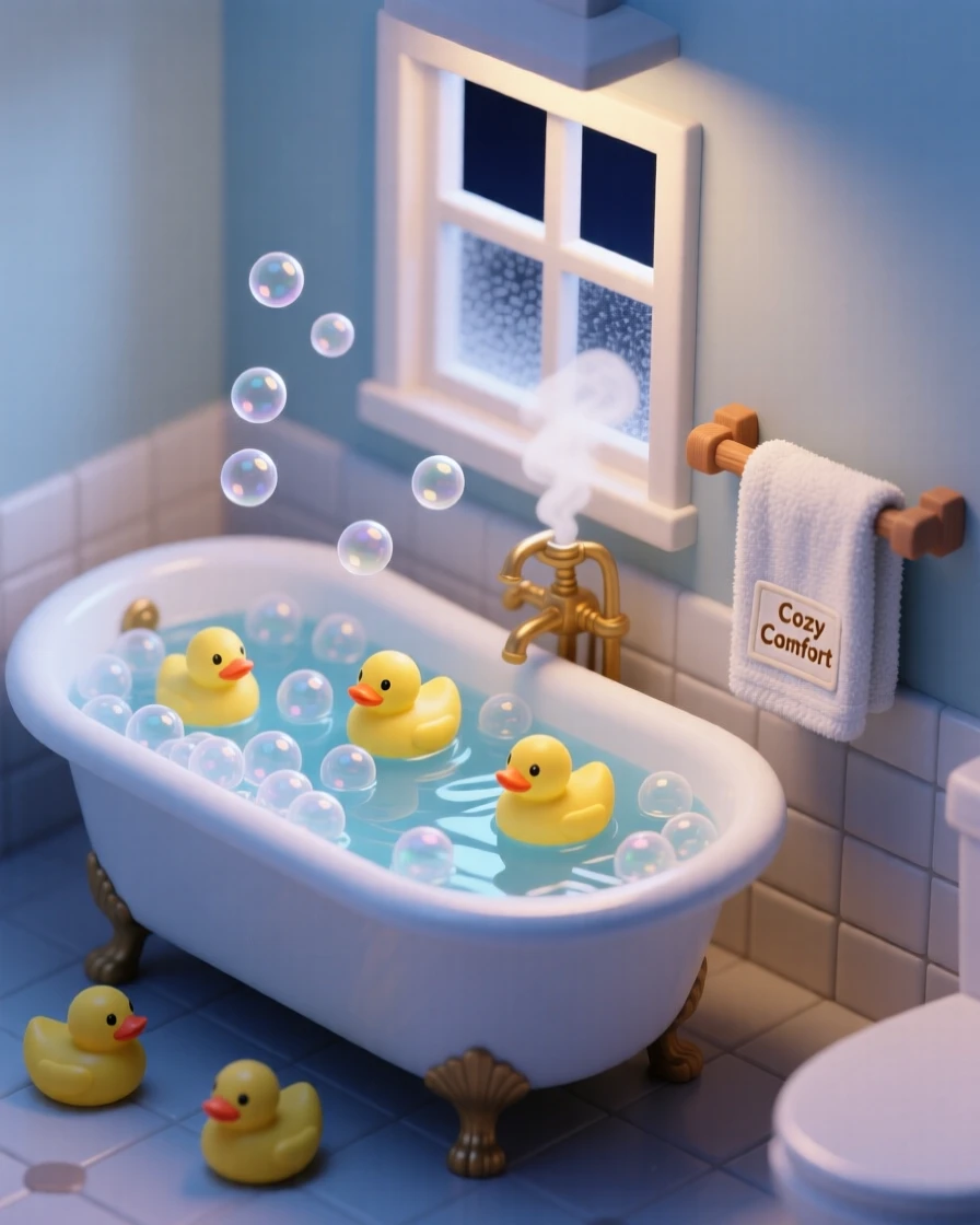 A quiet evening bath time scene with rubber ducks floating, bubbles piled high, a towel warming on a rack, and steam fogging a small window.