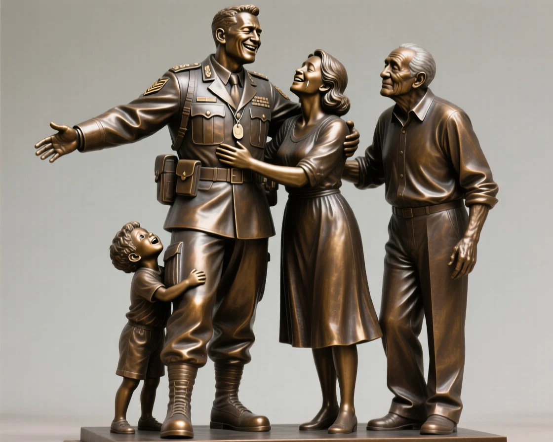 A soldier reuniting with his family, with powerful, expressive body language, forming a strong central focal point