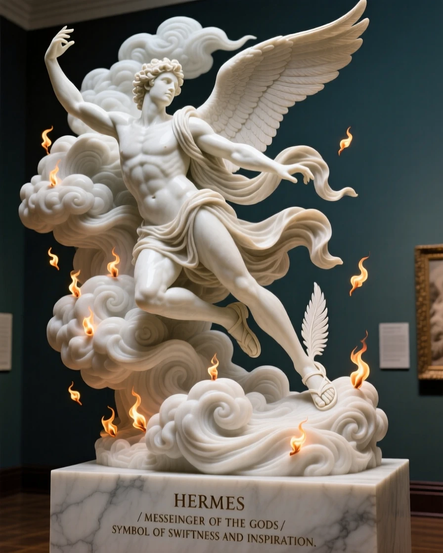 An epic scene of Hermes soaring between clouds with winged sandals, surrounded by swirling light and floating embers, evoking myth and grandeur