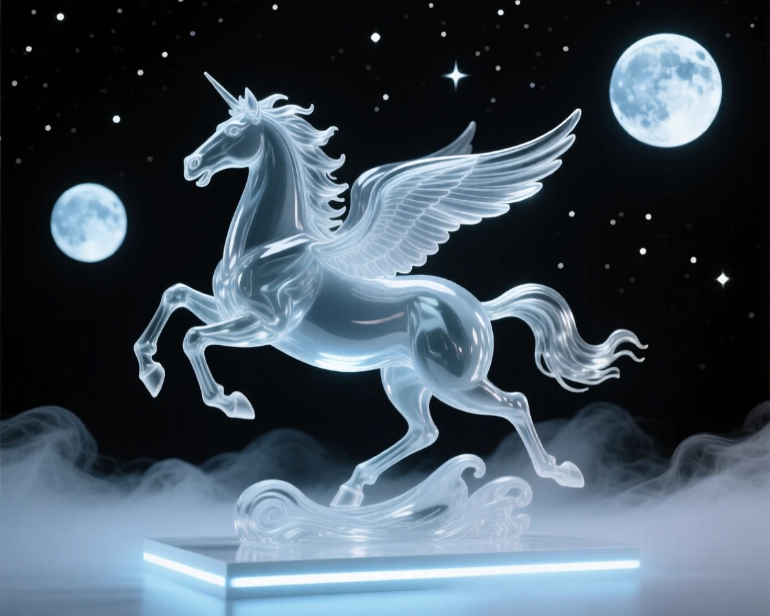 A pegasus galloping through a starlit sky under a twilight sky filled with two moons, atmospheric fog rolling through the scene, feeling mysterious and enchanting.