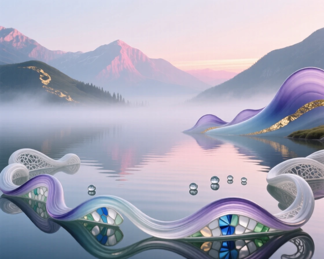 A tranquil highland loch mirroring misty mountains at dawn, serene and moody.