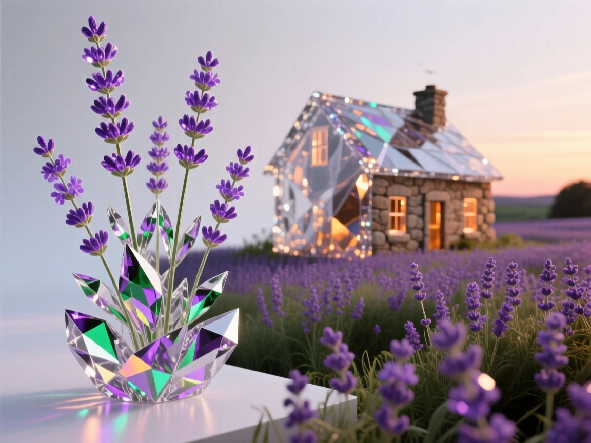 A field of wild lavender stretching toward a rustic stone farmhouse at dusk.