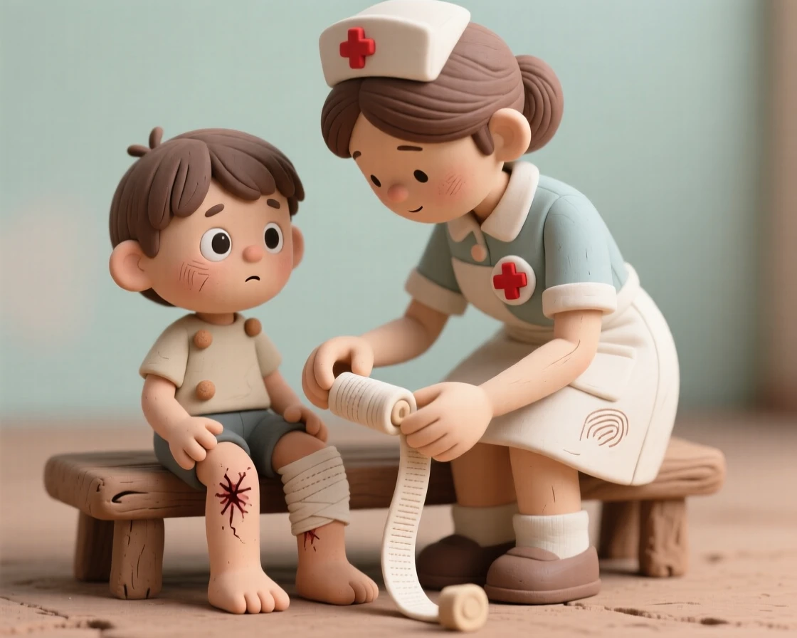A nurse tenderly bandaging a child's scraped knee