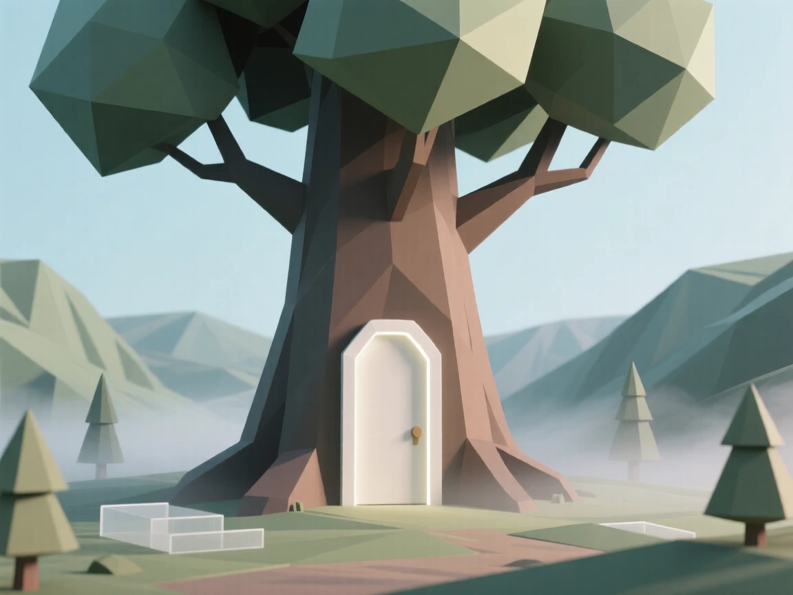 A giant tree with a glowing door carved into its trunk, within a valley shrouded in enchanted mist. the scale of the scene emphasizes its grandeur. It radiates a feeling of legendary grandeur.