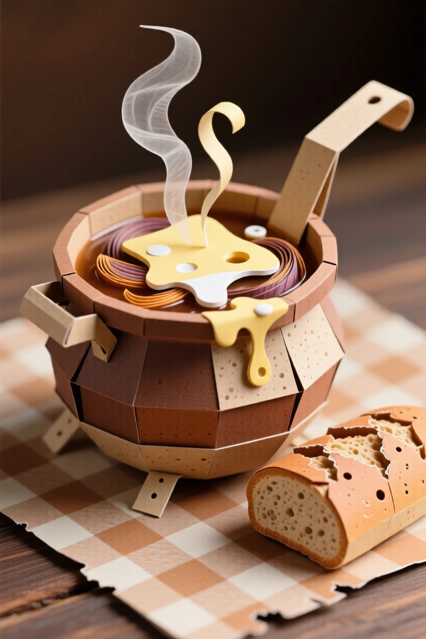A steaming pot of French onion soup topped with bubbling melted cheese, served in a rustic ceramic crock beside crusty bread, evoking hearty warmth.