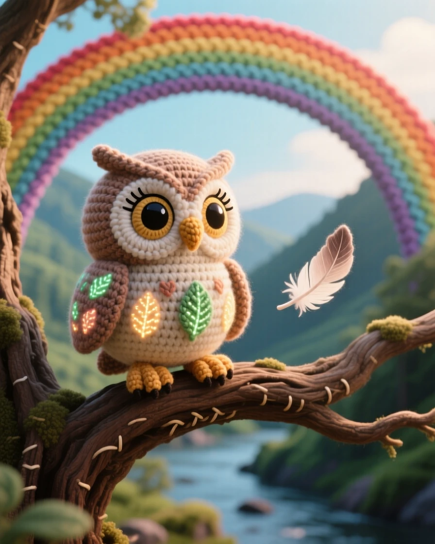In a rainbow bridge arching over a quiet valley, a tiny forest guardian owl spirit with glowing leaf-patterned feathers is captured perched watchfully on an ancient tree, surrounded by a single floating feather catching the light, filled with a soft, comforting sense of belonging.