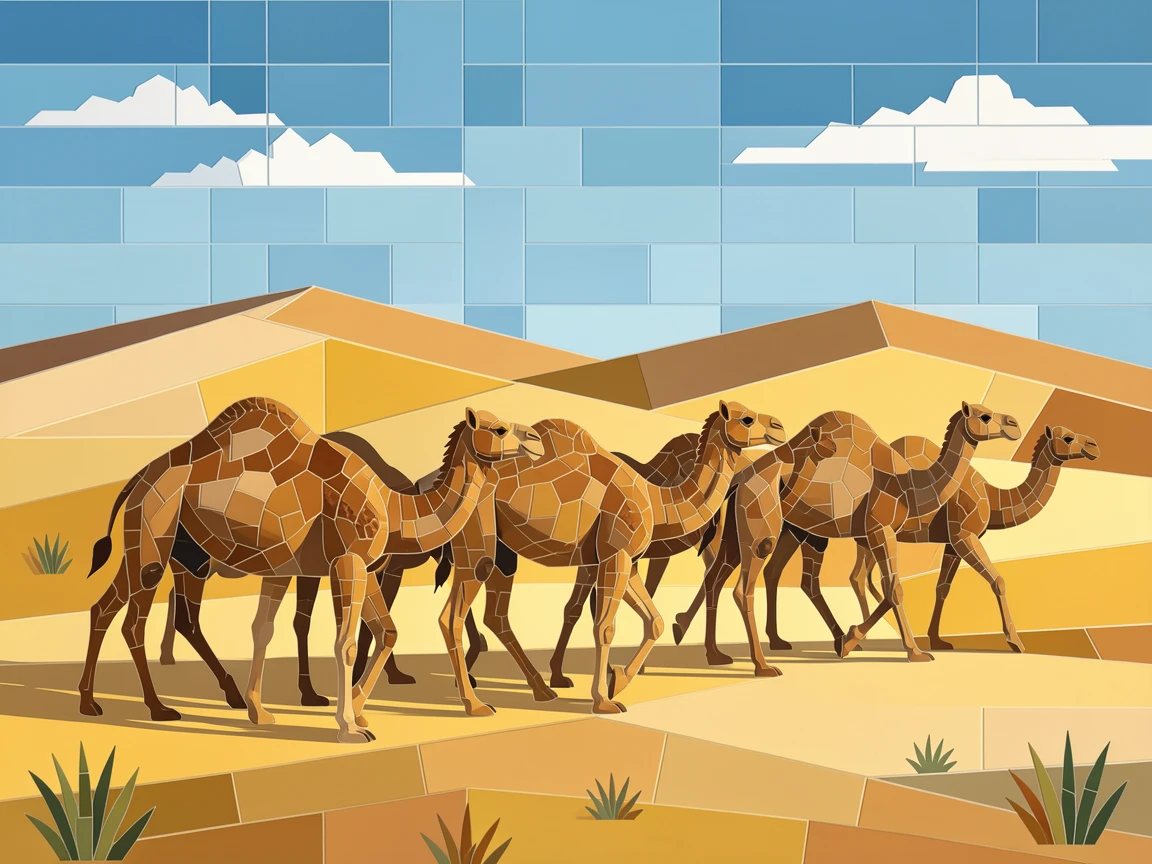 A peaceful herd of wild camels crossing golden desert dunes.