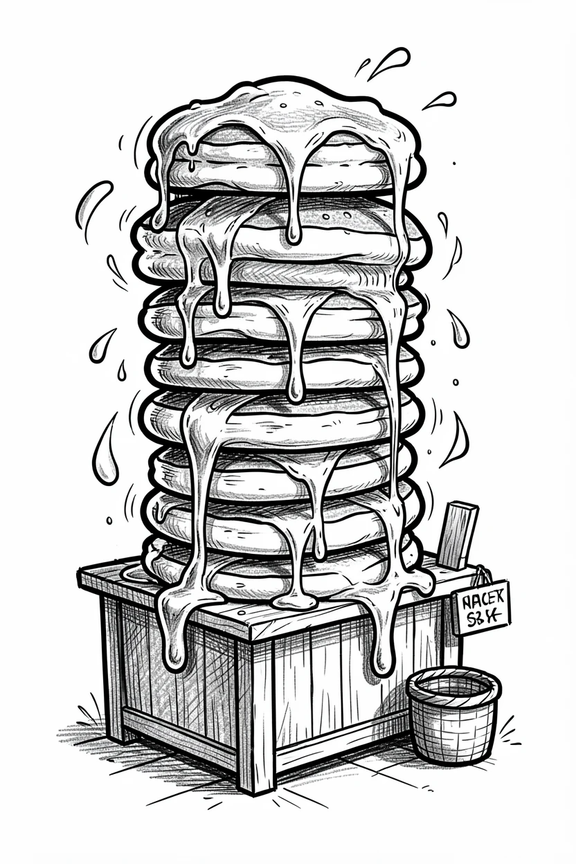 A stack of fluffy pancakes with syrup arranged on a market stall.