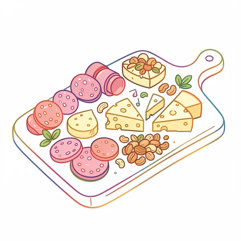 A charcuterie board with an assortment of cured meats, cheeses, and nuts.