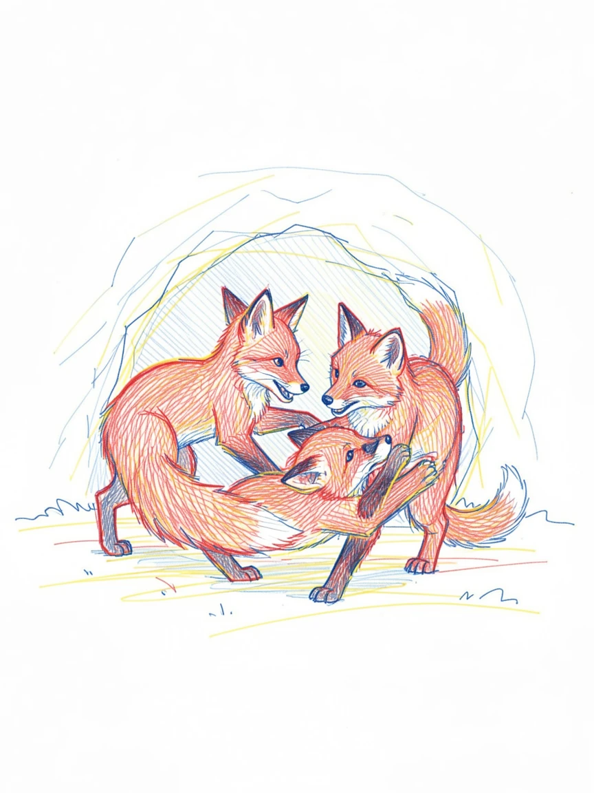 A litter of fox kits tumbling playfully in front of their burrow